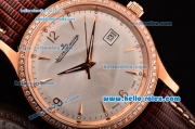 Jaeger LeCoultre Master Swiss ETA 2836 Automatic Rose Gold Case Diamond Bezel Brown Leather Strap White Dial with Stick Markers