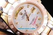 Rolex Day Date Oyster Perpetual Automatic Movement Two Tone with White Dial and Diamond Markers-Diamond Bezel