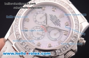 Rolex Daytona Chronograph Swiss Valjoux 7750 Automatic Steel Case with Diamond Bezel/Markers and MOP Dial-White Leather Strap