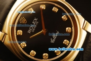 Rolex Cellini Swiss Quartz Yellow Gold Case with Black Dial and Black Leather Strap-Diamond Markers