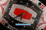 Richard Mille RM007 Silver Case with Diamond Hour Markers-Diamond Bezel and Red Leather Strap
