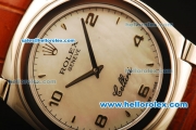 Rolex Cellini Swiss Quartz Steel Case with White MOP Dial and Brown Leather Strap-Numeral Markers