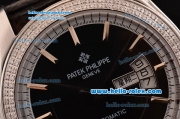 Patek Philippe Calatrava Swiss ETA 2824 Automatic Steel Case Diamond Bezel with Black Leather Strap Black Dial Stick Markers