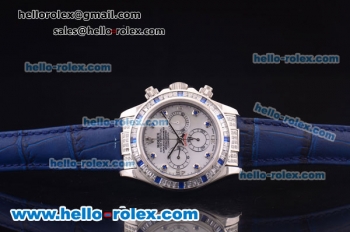 Rolex Daytona Chronograph Swiss Valjoux 7750 Automatic Steel Case with Diamond Bezel and White Dial-Blue Leather Strap