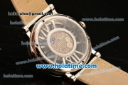 Cartier Rotonde De Swiss Quartz Steel Case with Diamonds Bezel Skeleton Dial and White Leather Strap