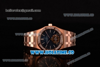 Audemars Piguet Royal Oak 41MM Swiss Tourbillon Manual Winding Full Rose Gold with Blue Dial Diamonds Bezel and Stick Markers (FT)