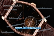 Vacheron Constantin Malte Tourbillon Swiss Tourbillon Manual Winding Rose Gold Case with Brown Alligator Strap Black Dial and Diamond Bezel