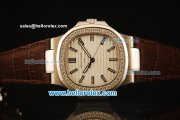 Patek Philippe Nautilus Swiss ETA 2824 Automatic Steel Case with Diamond Bezel and White Dial-Brown Leather Strap 1:1 Original