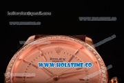 Rolex Cellini Asia Automatic Rose Gold Case with Stick Markers Rose Gold Dial and Brown Leather Strap - Diamonds Bezel