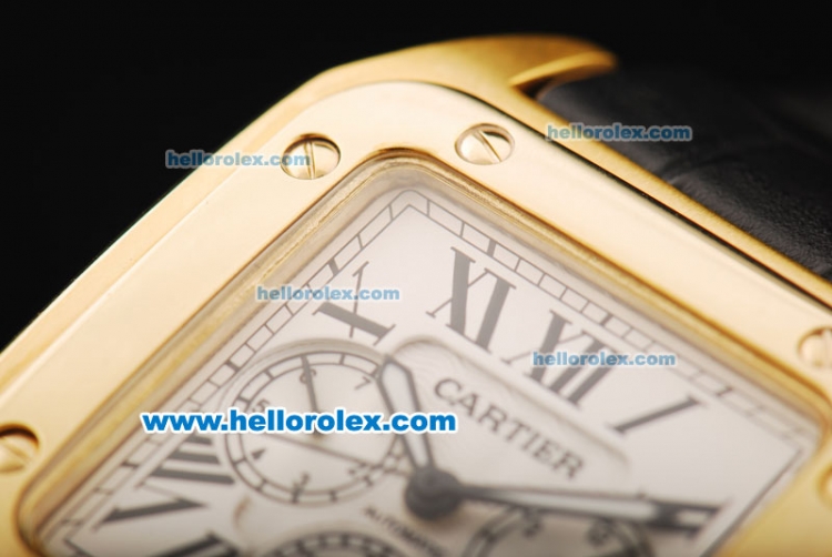 Cartier Santos 100 Automatic Movement Gold Case with Gold Bezel and Black Leather Strap - Click Image to Close