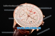 Breitling Navitimer GMT Chrono Swiss Valjoux 7750 Automatic Rose Gold Case with White Dial Stick Markers and Brown Leather Strap