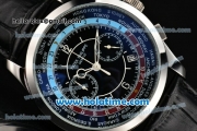 Patek Philippe Complicated World Time Chrono Miyota Quartz Steel Case with Black Dial and Black Leather Strap