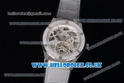 Hublot Classic Fusion Skeleton Asia Automatic Steel Case with Skeleton Dial Diamonds Bezel and Grey Leather Strap