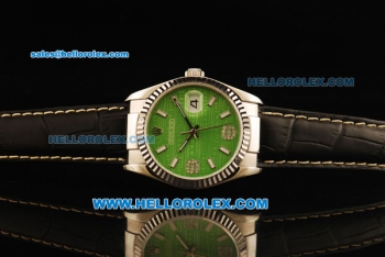 Rolex Datejust Automatic with Green Dial and ETA case-White Bezel-Diamond Marking-Small Calendar-Black Leather Strap