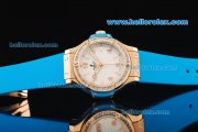 Hublot Big Bang Swiss Quartz Movement Rose Gold Case with Diamond Bezel and Blue Rubber Strap