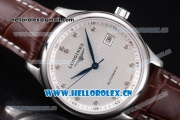 Longines Master Swiss ETA 2824 Automatic Steel Case with White Dial Diamonds Markers and Brown Leather Strap (ZF)