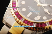 Rolex GMT Master II Swiss ETA 2836 Automatic Movement Black Dial with Diamond Bezel and Two Tone Strap