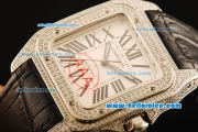 Cartier Santos 100 Swiss ETA 2671 Automatic Movement Diamond Case/Bezel with White Dial and Black Leather Strap-1:1 Original