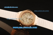 Hublot MDM Chronograph Swiss ETA Quartz Rose Gold Case with Diamond Bezel and White MOP Dial-White Rubber Strap