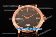 Patek Philippe Calatrava Miyota Quartz Rose Gold Case with Diamonds Bezel and Black Dial - Diamonds Markers