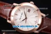 Audemars Piguet Jules Audemars Clone AP Calibre 3120 Automatic Rose Gold Case with White Dial Stick Markers and Brown Leather Strap (EF)