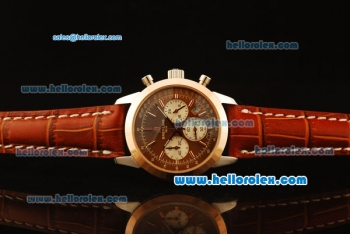 Breitling Transocean Quartz Steel Case with Rose Gold Bezel and Brown Dial-Brown Leather Strap