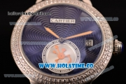 Cartier Rotonde De Swiss Quartz Steel Case with Blue Guilloche Dial Diamonds Bezel and Blue Leather Strap