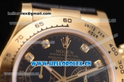 Rolex Cosmograph Daytona Clone Rolex 4130 Automatic Yellow Gold Case with Black Dial Diamonds Markers and Black Leather Strap (EF)