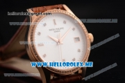 Patek Philippe Calatrava Miyota 9015 Automatic Rose Gold Case with White Dial Brown Leather Strap and Diamonds Markers Diamonds Bezel