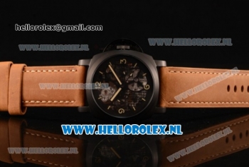 Panerai PAM00528 Lo Scienziato Luminor 1950 Tourbillon GMT Asia Automatic PVD Case with Skeleton Dial and Brown Leather Strap