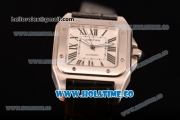 Cartier Santos 100 Large Asia Automatic Steel Case with Black Leather Strap Black Roman Numeral Markers and White Dial
