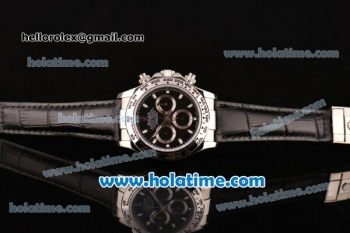 Rolex Daytona Oyster Perpetual Swiss Valjoux 7750 Chronograph Movement Silver Case with Black Dial and Black Leather Strap