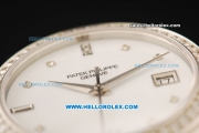 Patek Philippe Calatrava Swiss ETA 2836 Automatic Movement White Dial with Diamond Bezel and Black Leather Strap