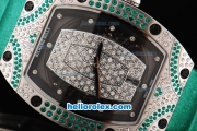 Richard Mille RM007 Automatic Movement Silver Case with Diamond Hour Marker and Diamond Bezel-Green Leather Strap