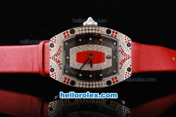 Richard Mille RM007 Silver Case with Diamond Hour Markers-Diamond Bezel and Red Leather Strap