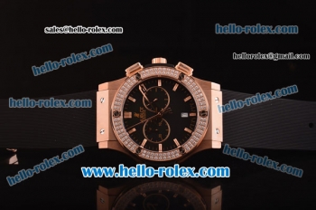 Hublot Classic Fusion Chronograph Miyota Quartz Rose Gold Case - Diamond Bezel with Black Dial and Black Rubber Strap - 7750 Coating