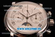 Patek Philippe Grand Complication Chrono Venus 7750 Manual Winding Steel Case with White Dial Black Leather Strap and Roman Numeral Markers