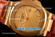 Patek Philippe Nautilus Asia Automatic Yellow Gold Case with Gold Dial Brown Leather Strap and Stick Markers