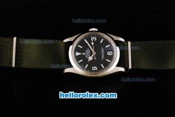 Rolex Explorer Automatic Movement Steel Case with Black Dial-White Markers and Green Nylon Strap