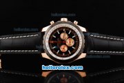 Breitling Chrono-Matic Chronograph Quartz Movement PVD Bezel with Black Dial and RG Case/Subdials-Black Leather Strap Breitling Chrono-Matic Chronograph Quartz Movement PVD Bezel with Black Dial and RG Case/Subdials-Black Leather Strap