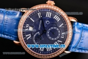 Cartier Rotonde Second Time Zone Day/Night Asia Manual Winding Rose Gold Case with Blue Dial Diamonds Bezel and White Roman Numeral Markers