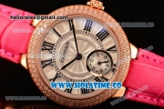 Cartier Ballon Bleu De Small Swiss Quartz Rose Gold Case with Diamonds Bezel White Dial and Hot Pink Leather Strap - Black Markers