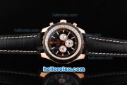 Breitling Chrono-Matic Chronograph Quartz Movement PVD Bezel with Black Dial and RG Case/Silver Subdials-Black Leather Strap