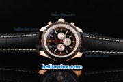 Breitling Chrono-Matic Chronograph Quartz Movement PVD Bezel with Black Dial and RG Case/Silver Subdials-Black Leather Strap Breitling Chrono-Matic Chronograph Quartz Movement PVD Bezel with Black Dial and RG Case/Silver Subdials-Black Leather Strap