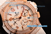 Hublot Big Bang Swiss Valjoux 7750 Automatic Movement Rose Gold Case with Diamond Bezel-White Dial and Rose Gold Markers-White Rubber Strap