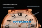 Cartier Rotonde De Miyota Quartz Rose Gold Case with White Dial Roman Numeral Markers and Brown Leather Strap