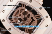 Richard Mille RM 52-01 Miyota 6T51 Automatic Rose Gold Case with Diamonds Skull Dial and White Rubber Bracelet