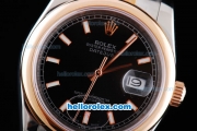 Rolex Datejust Oyster Perpetual Chronometer Automatic with Black Dial and Rose Gold Bezel-Two Tone Strap