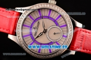Jaeger-LeCoultre Lady Miyota Quartz Steel Case with White MOP Dial Red Leather Strap and Purple Stick Markers - Diamonds Bezel