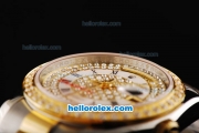 Rolex Day-Date Automatic Movement Diamond Dial with Gold/Diamond Bezel and Black Roman Numeral Marker-Two Tone Strap